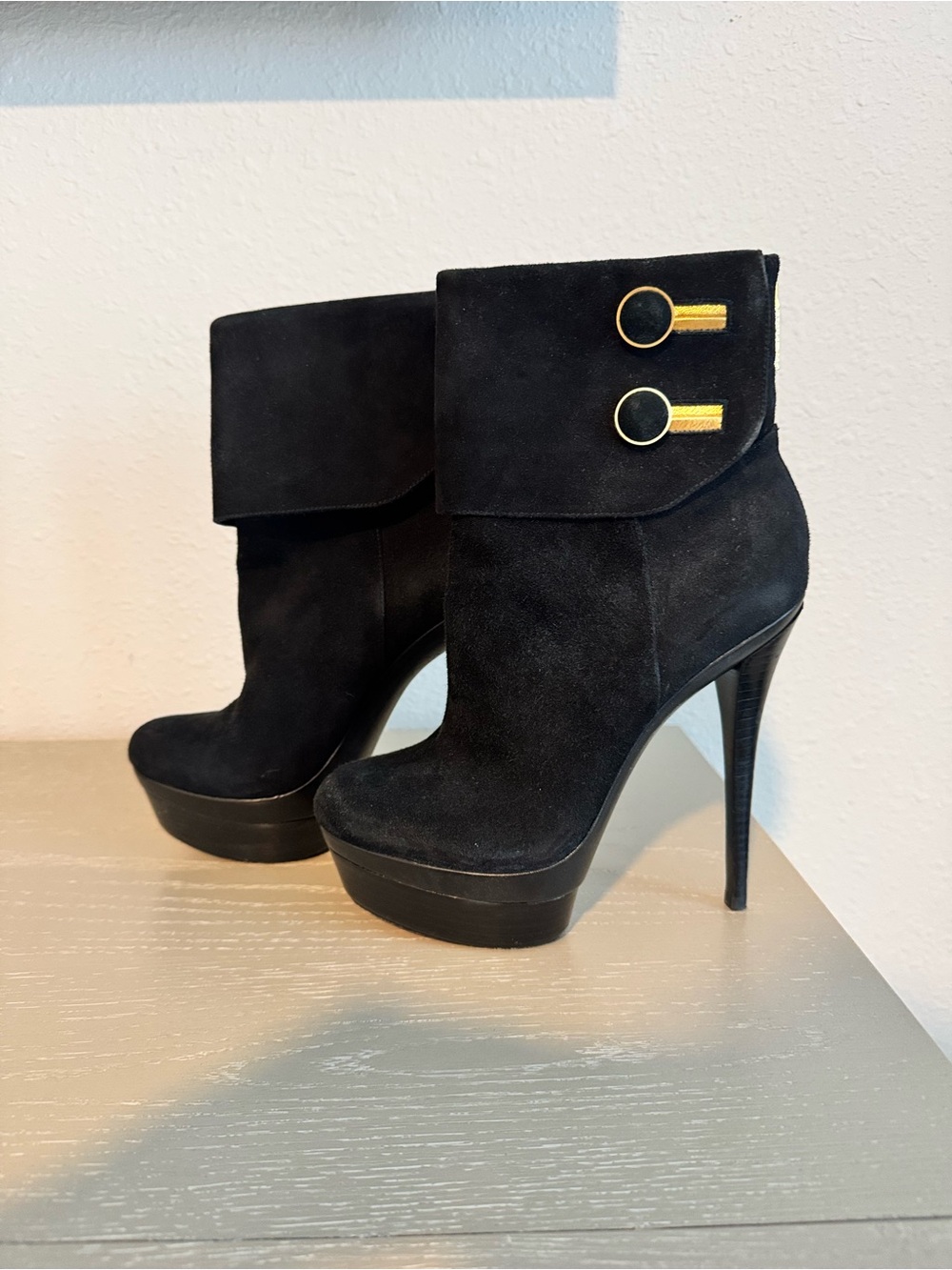 Rachel Zoe Black Suede High Heel Ankle Boots with Gold Accents - Picture 4 of 8